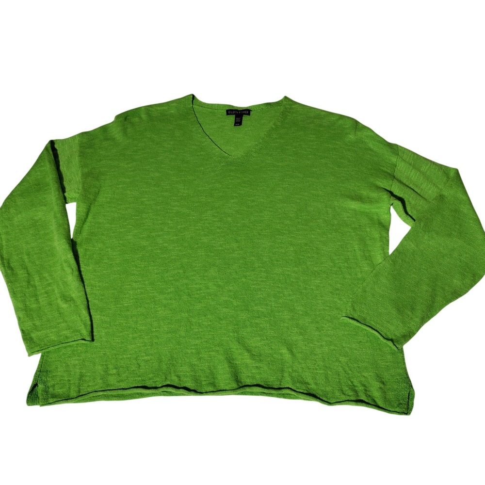 Eileen Fisher Womens Medium Green Organic Linen Cotton V-Neck Sweater
